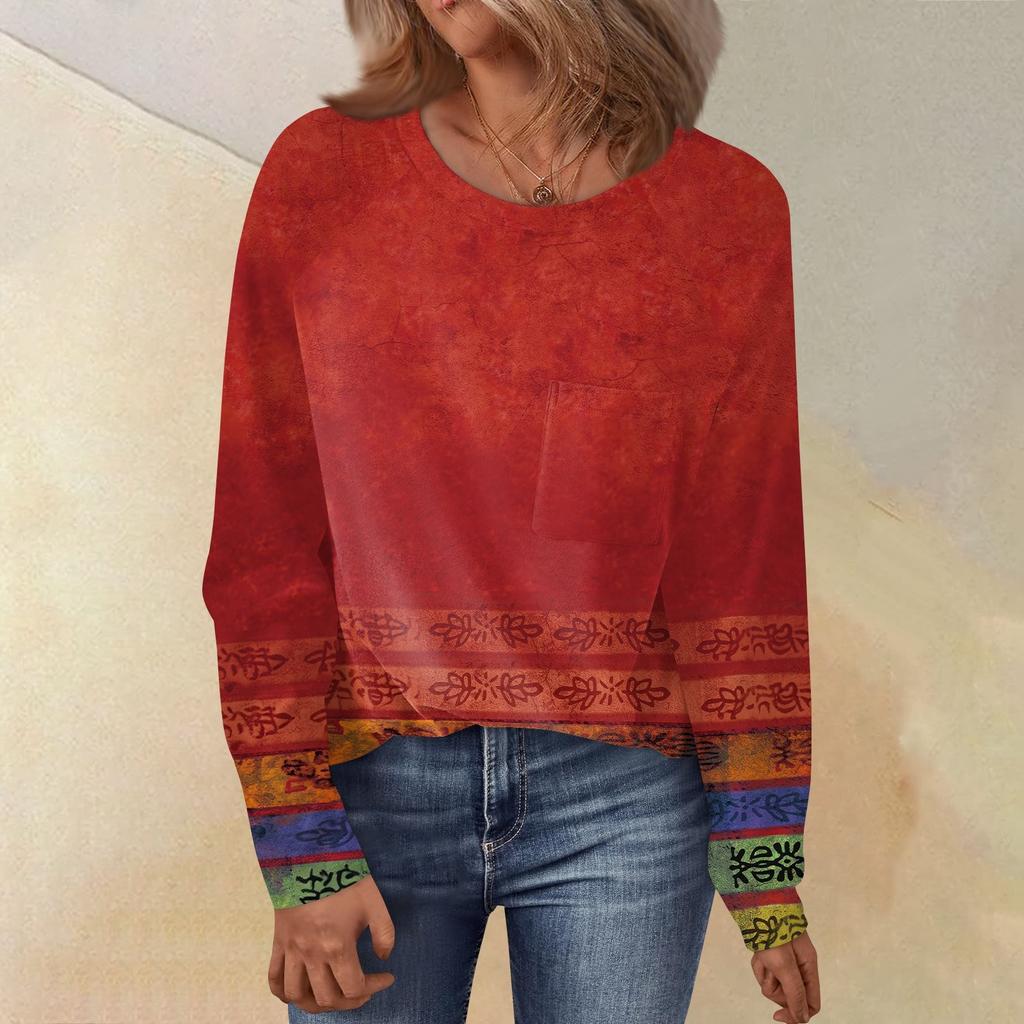 Women's Round Neck Floral Print Raglan Sleeves Long Sleeves All-match Loose Top