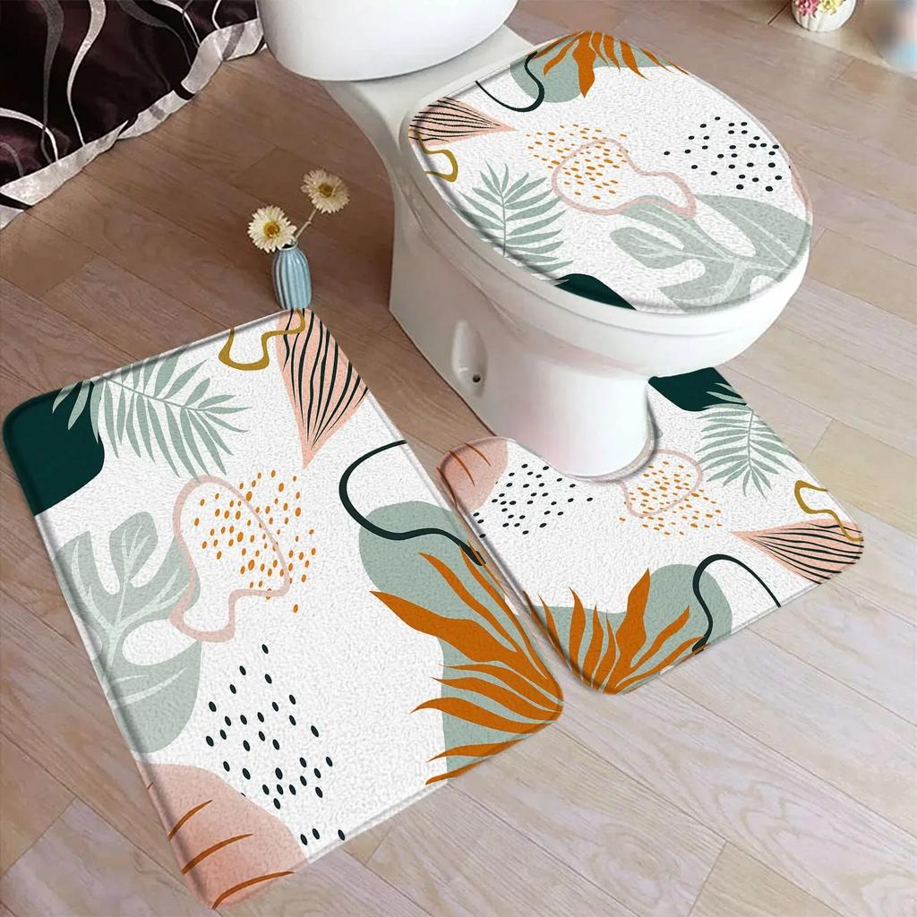 Abstract Mid Century Bath Mat Set Black Line Green Leaf Modern Geometric Boho Home Carpet Bathroom Decor Floor Rugs Toilet Cover