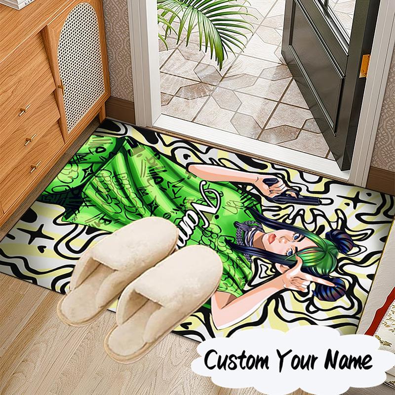 Custom Name Green Power Symbol Rug for Living Room, Game Rooms, Office, Bedroom, Floor Mat Playful Design, fan gifts Christmas decor