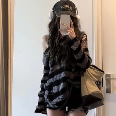 Готический уличный полосатый вязаный свитер женский Harajuku панк ажурный джемпер свободные универсальные топы
