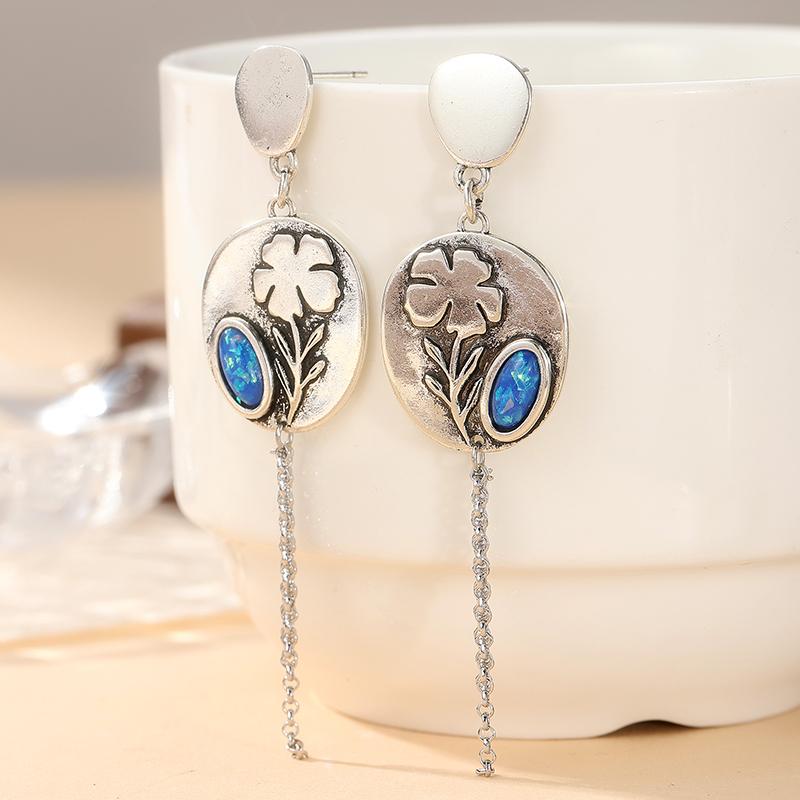 Винтажные Серьги-Подвески с Ручной Резьбой Цветочным Узором и Вставками из Синтетического Бирюзы для Женщин Элегантные Изысканные Подвески Ювелирные Изделия Ручной Работы