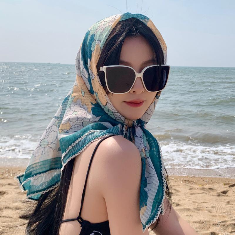 91Cm small floral large square scarf cotton and linen silk scarf women's versatile thin sunscreen scarf shawl outer headscarf yarn