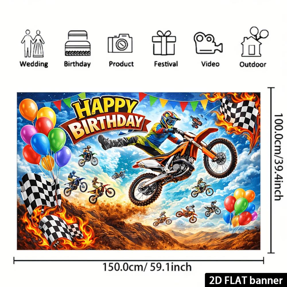 A 2D flat birthday party banner background featuring a theme of off-road motorcycles including off-road motorcycle riders