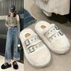 Fashion Women Fashion Warm Fluffy Slippers Cozy Faux Fur Cross Indoor Floor Slides Women New Metal Buckle Design Flat Soft Warm Slippers