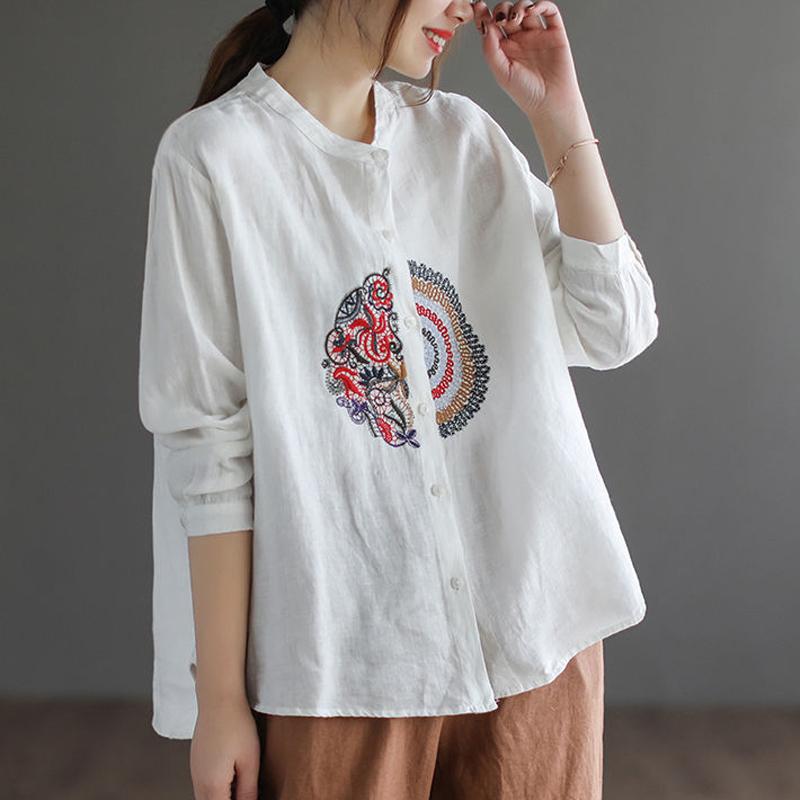 Женские винтажные рубашки на пуговицах с вышивкой, элегантные блузки из хлопка и льна со стойкой, повседневные топы оверсайз с длинным рукавом и неровным низом