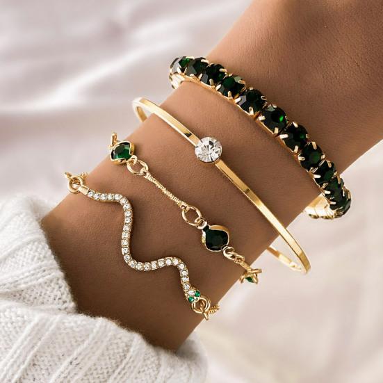 4Pcs/Set Women Bracelet Bangle Hypoallergenic Adjustable Faux Gemstone Rhinestone Snake Bracelet Golden Bangle Fashion
