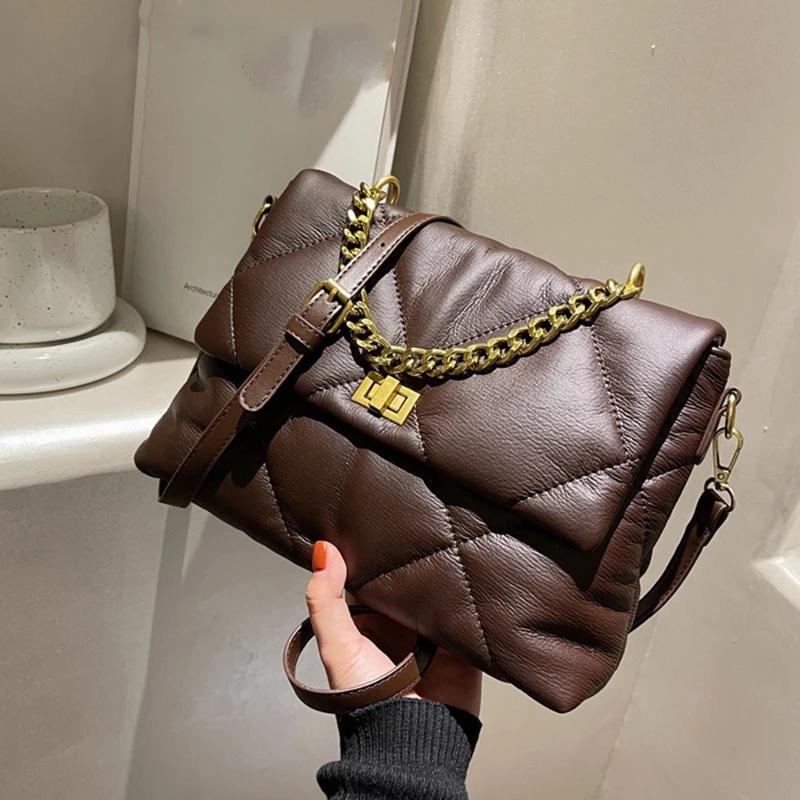 Сумка на плечо с ромбовидным крестом и мягкой кожаной цепочкой, большая вместительная сумка в уличном стиле с текстурой, элегантная и простая