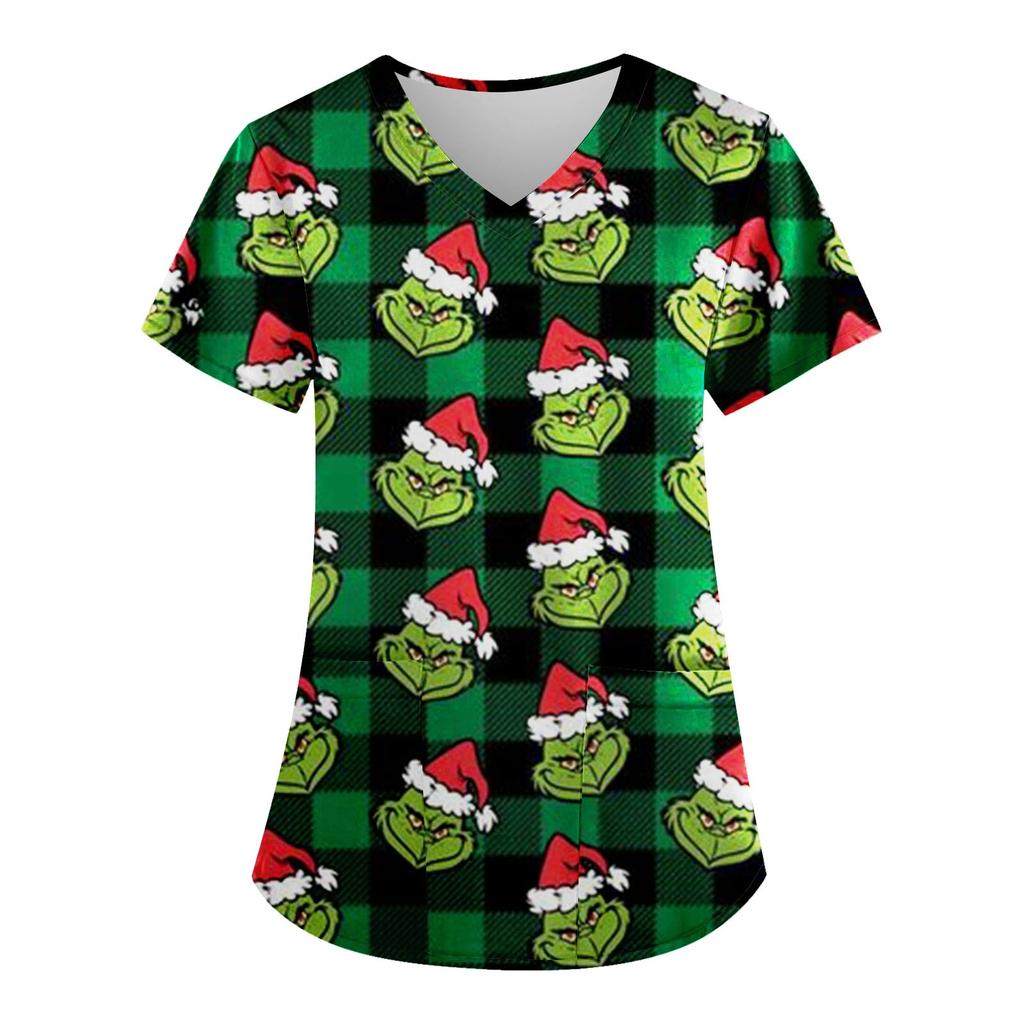 Женские модные топы с короткими рукавами и V-образным вырезом с принтом, рабочие футболки с карманами