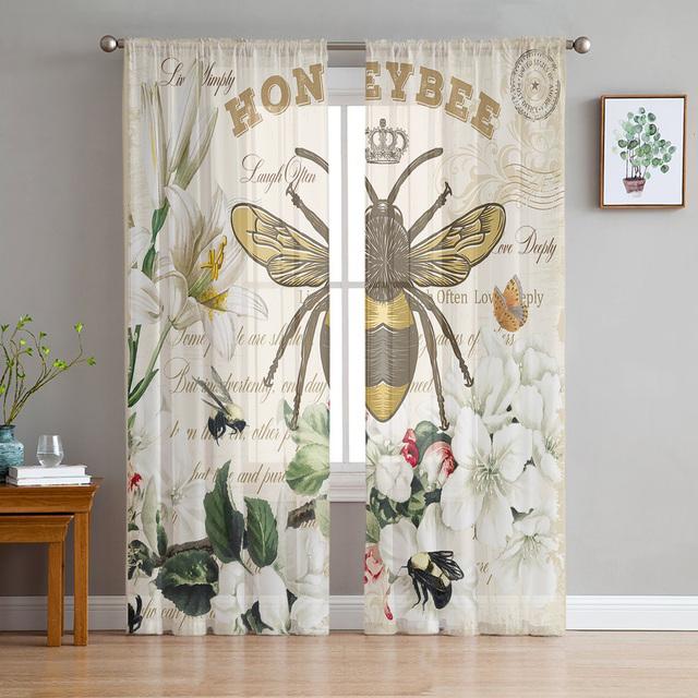Bee Azalea Retro Flower Tulle Curtains For Living Room Bedroom Decoration Modern Chiffon Sheer Voile Kitchen Window Curtain