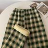 Women's High-Waisted Fleece-Lined Wool Plaid Wide-Leg Pants