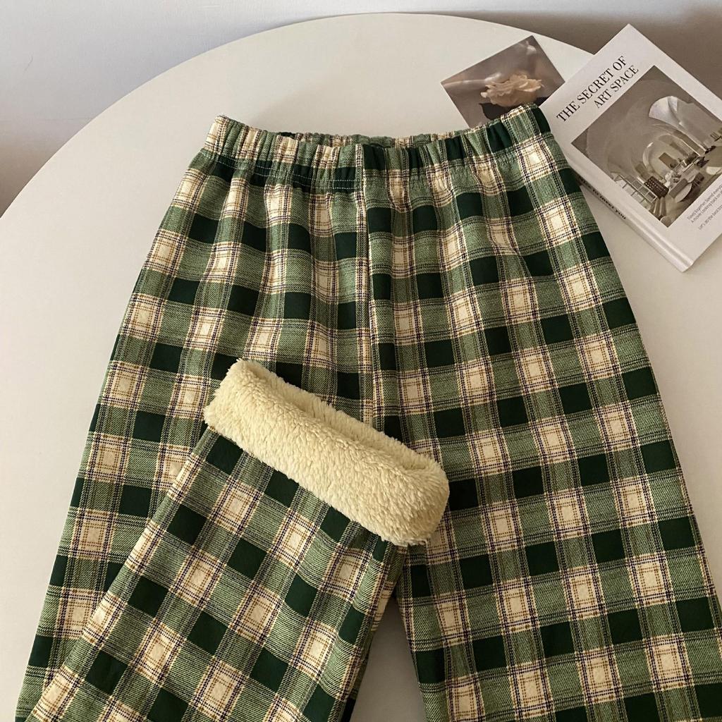 Women's High-Waisted Fleece-Lined Wool Plaid Wide-Leg Pants