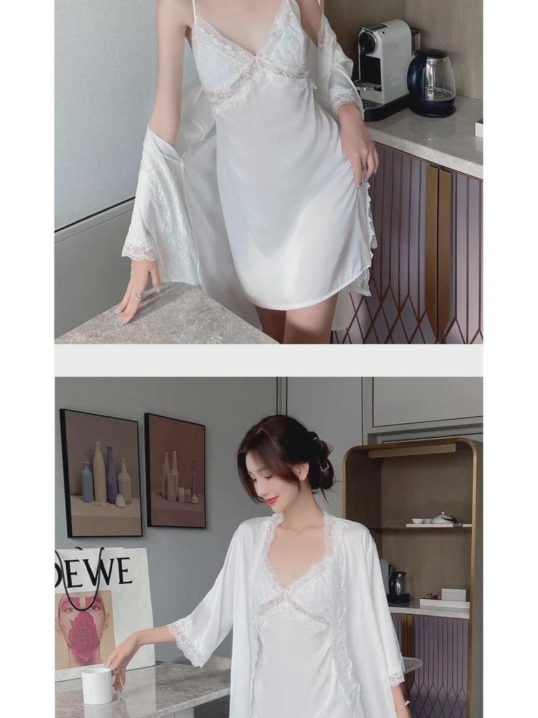 Lace Hollow Temptation Ice Silk Suspender Nightdress & Robe Set with Chest Pad
