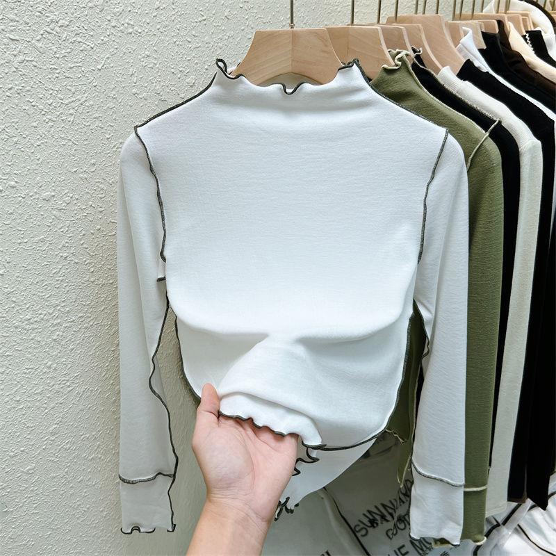 Осенне-зимняя футболка с высоким воротником и бархатной подкладкой в немецком стиле с деревянным краем ушка, модный топ