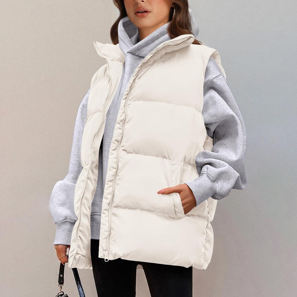 Женская мода осень жилеты повседневные без рукавов воротник стойка застежка куртка пальто теплая зимняя верхняя одежда