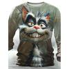 Funny Animal Design Retro Men 3D Printing Street Casual Daily Gray Long Sleeved Round Neck Shirt Spring And Autumn Clothing