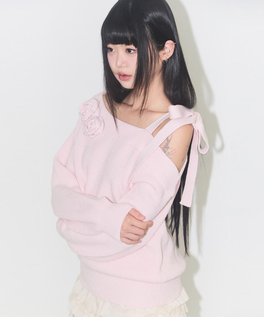 ILLIGO Bloom Bow Off-Shoulder Knit Pink
