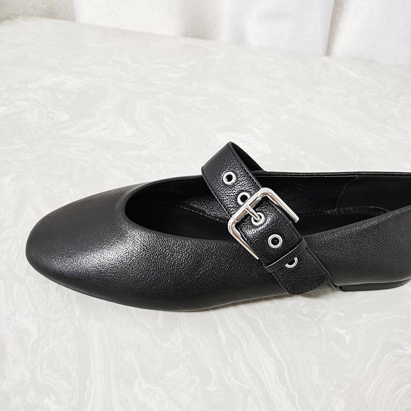 Женские туфли Мэри Джейн 2025 Осень Черная искусственная кожа Винтажные балетки Женская мода Пряжка-ремень Круглый носок Балетки