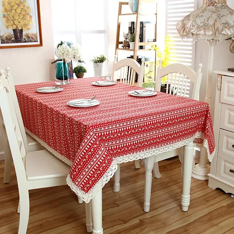 Nordic Style Christmas Plaid Tablecloth Soft Cotton Linen Map with Lace Hem Modern Rectangular and Round Cover for Dining Table