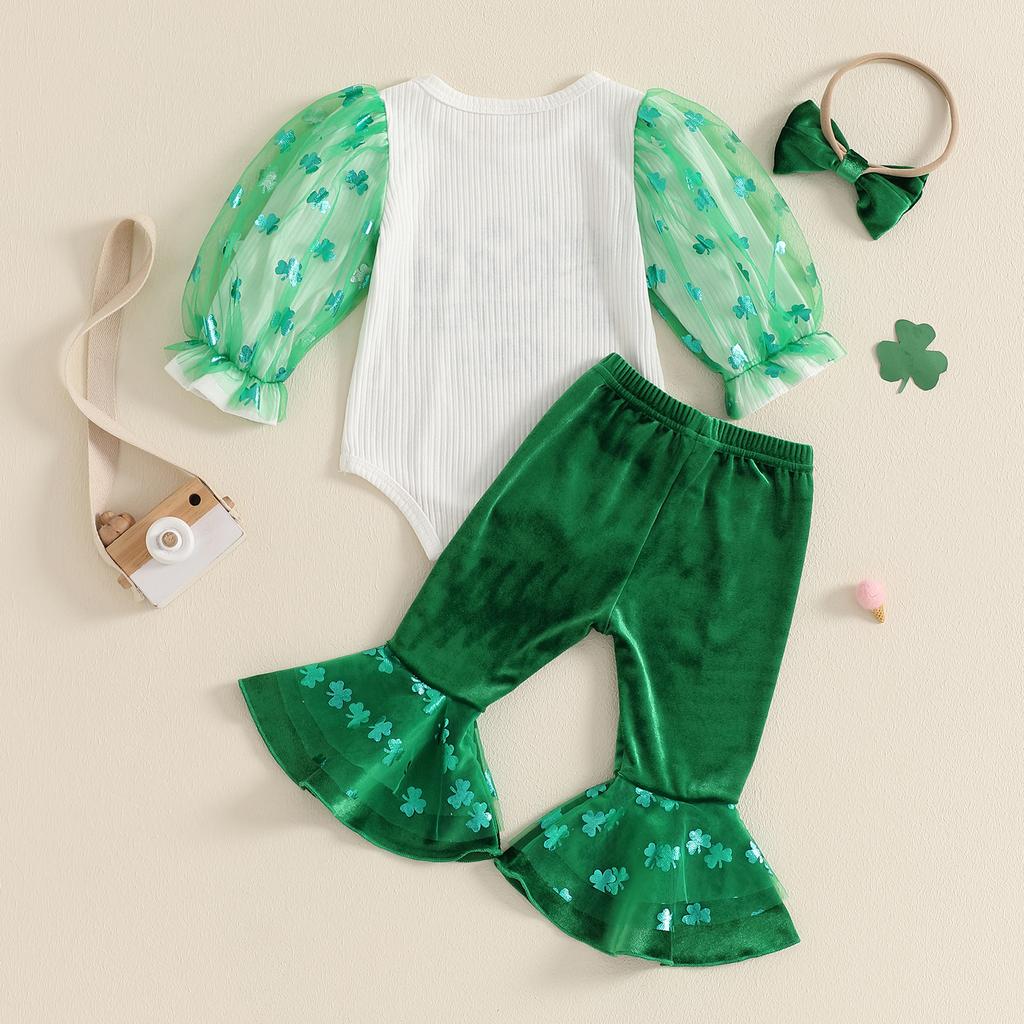 Baby Girls Irish Day Outfits Shamrock Mesh Letter Print Long Sleeves Romper and Elastic Flared Pants Headband Set