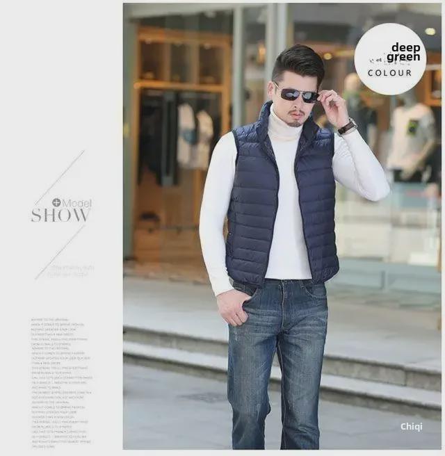 Men's Lightweight Down Cotton Vest Jacket - Large, Warm, Fashionable Stand-Up Collar