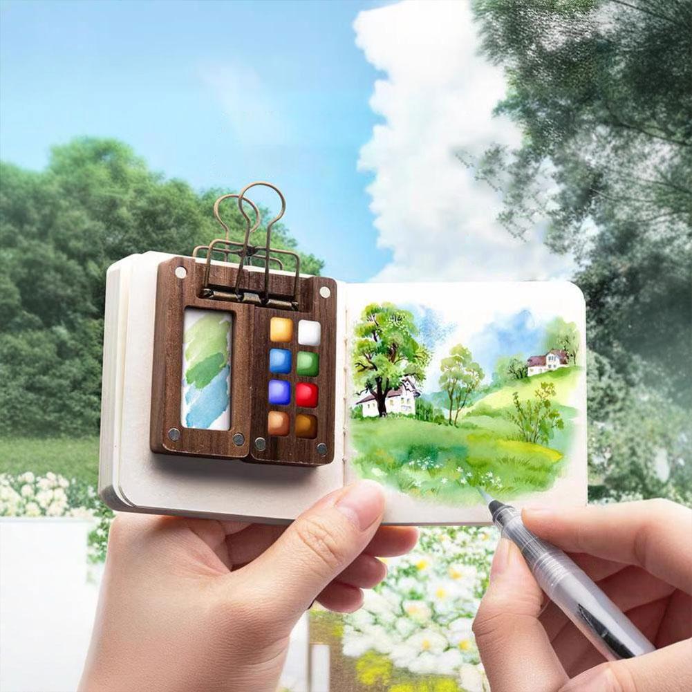 Портативный дорожный набор акварельных красок Супермини карманный набор акварели для художника Деревянная палитра для красок Скетчбук Художественные принадлежности