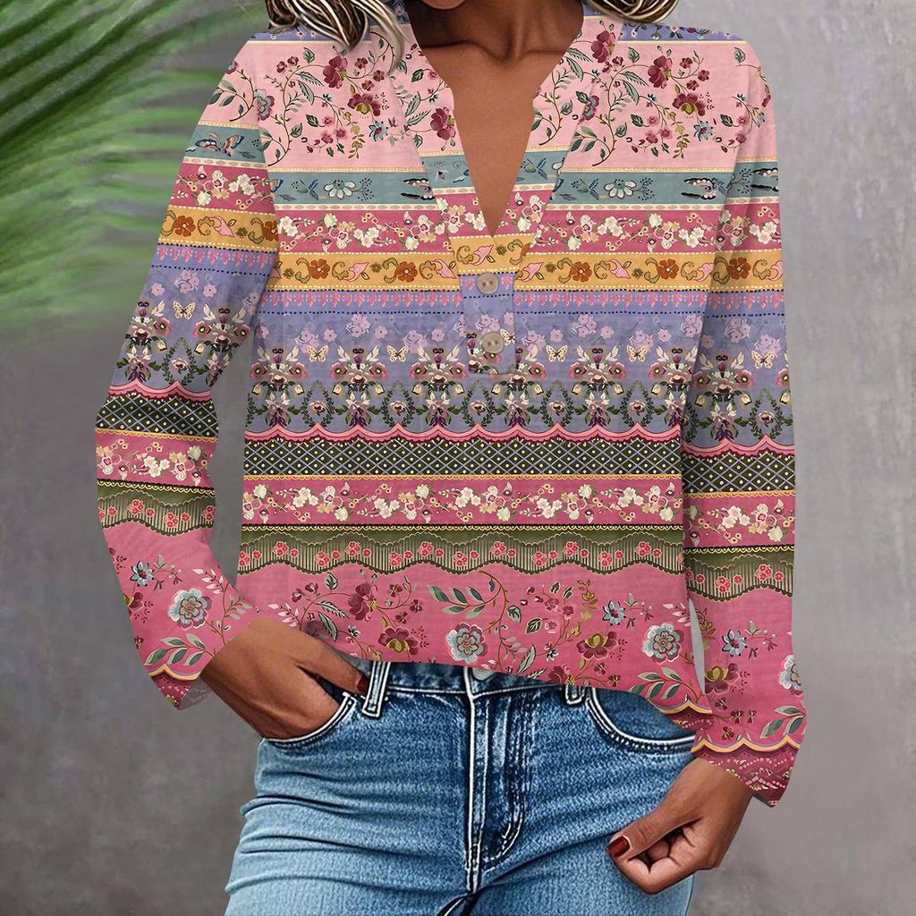 Women's Fashionable And Casual Shirt Long Sleeve V-neck Button Printed Blouse Top
