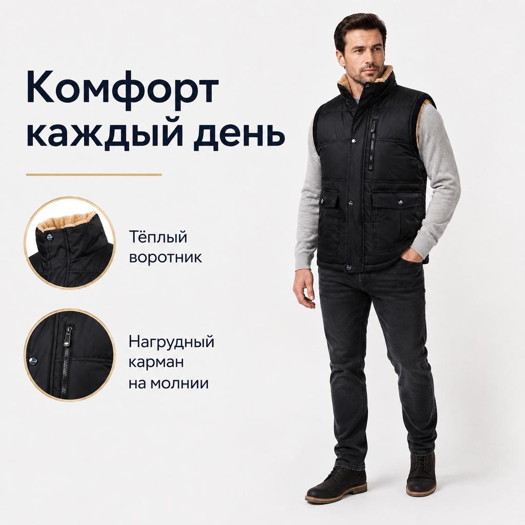 Мужской зимний жилет с воротником-стойкой, на флисовой подкладке, стеганый, без рукавов, с многофункциональными карманами, на молнии и пуговицах, ветрозащитный.