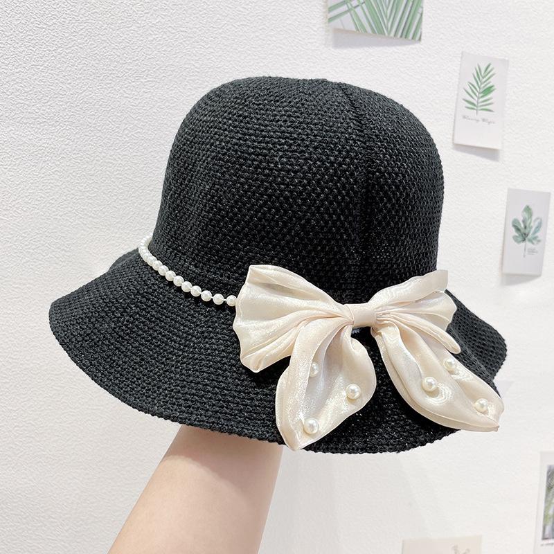 Women's Hat Summer Beach Tourism Vacation Pearl Bow Straw Hat Sunscreen Sun Hat Elegant Sunshade Hat