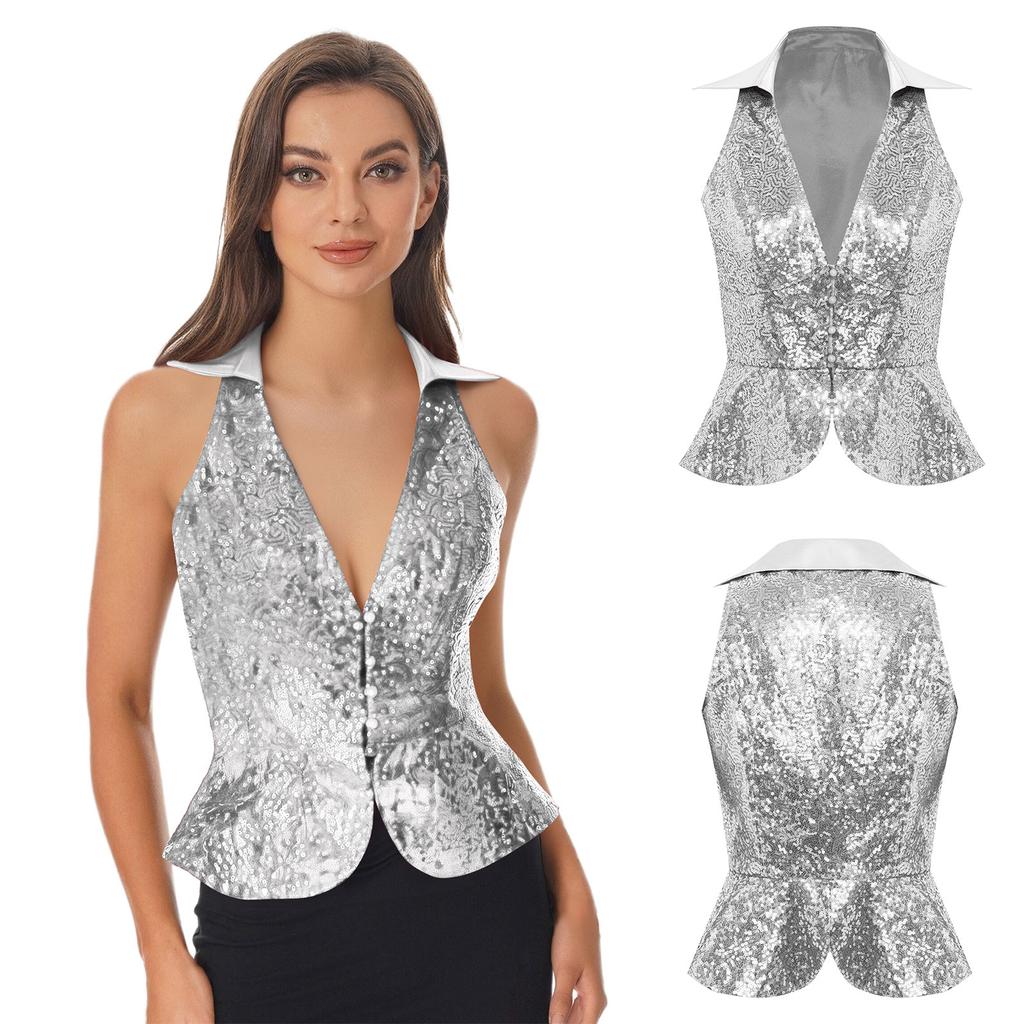 Women's Sequin Embellished Party Vest S-3XL, Lapel Sleeveless Sparkly Top for Night Out, Summer Banquet & Themed Party Wear