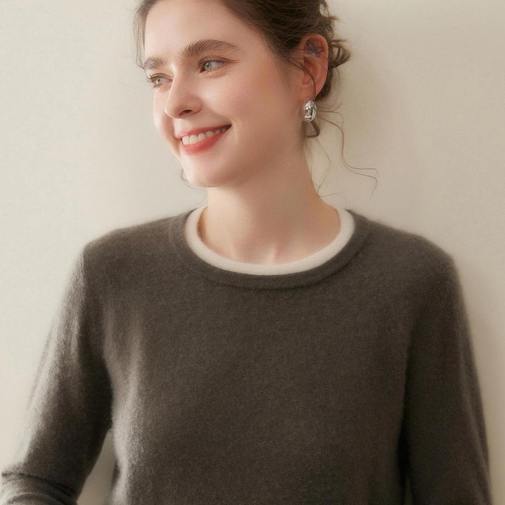 2025 Autumn/Winter Women's Cashmere Color Block Round Neck Loose Sweater Pullover