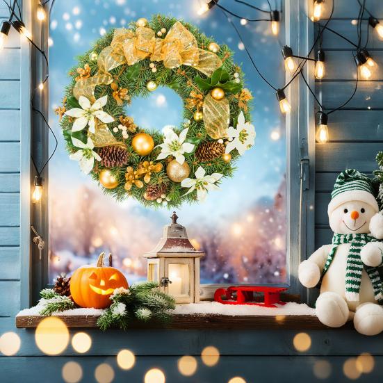 Christmas Wreath Window Stickers Electrostatic Window Decals Wreath Pattern Glass Sticker for Home Shop Xmas Decoration