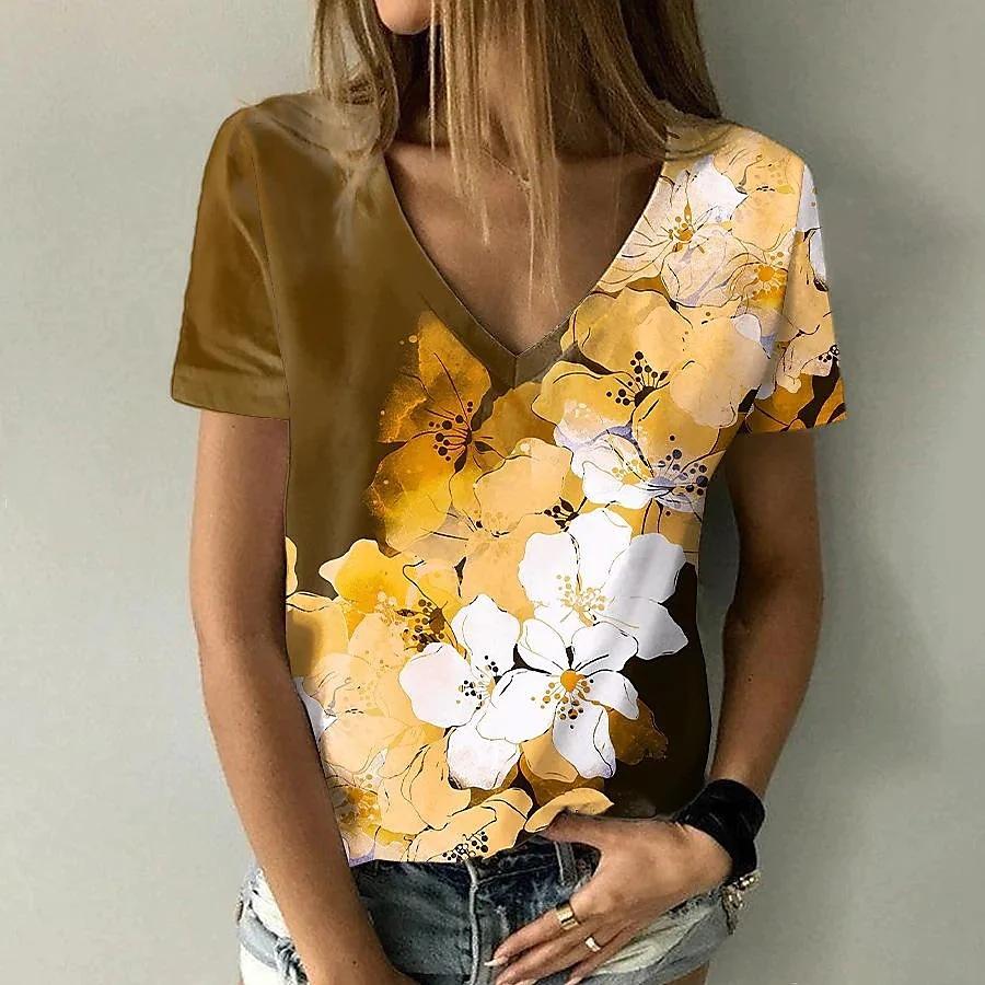 Fashion T-shirts For Women 3d Flower Printed Tops Tees Summer Women's Tshirt Vintage Short Sleeves Top Women's Oversize T-shirt