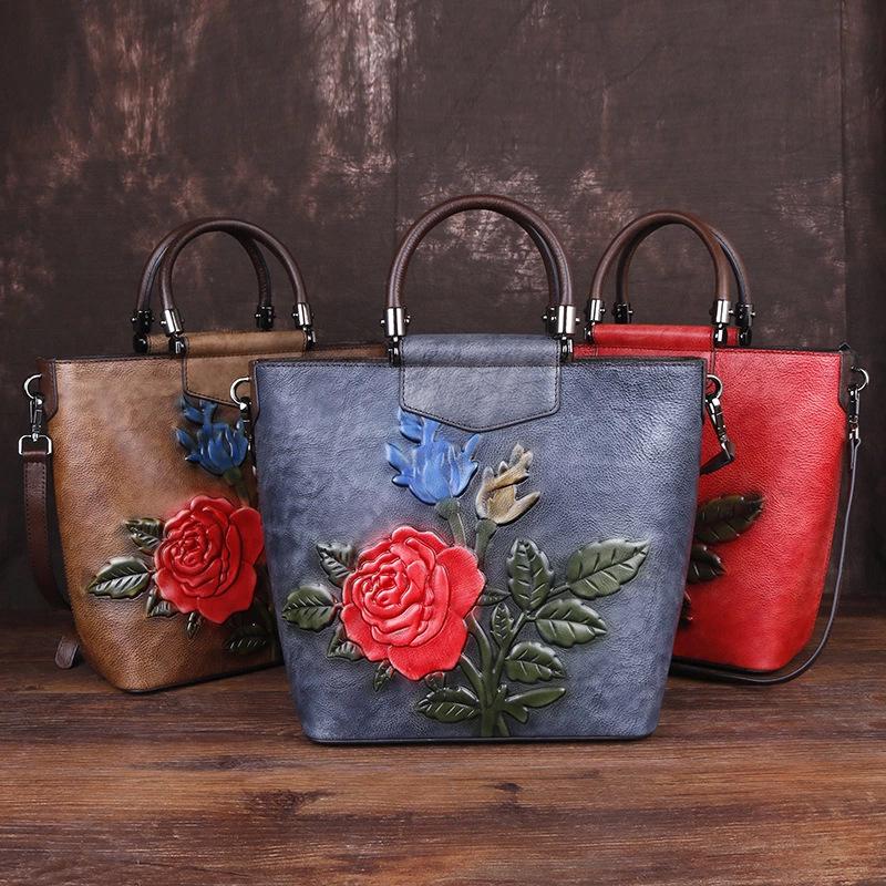 New Leather Handbag Large Capacity First Layer Cowhide Single Shoulder Straddle Bag Retro Tote Bag