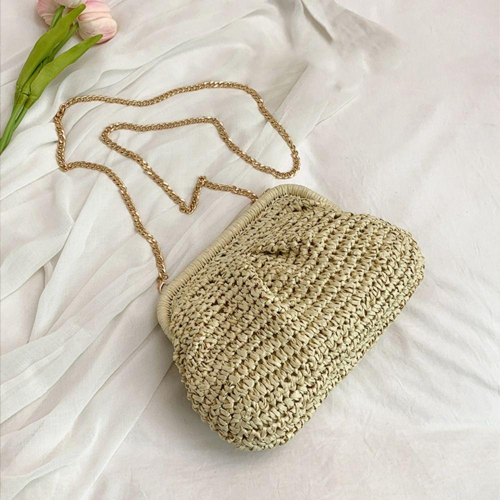 Bohemian Straw Shoulder Bag Chain Strap Chain Crossbody Bag Casual Beach Bag Vacation
