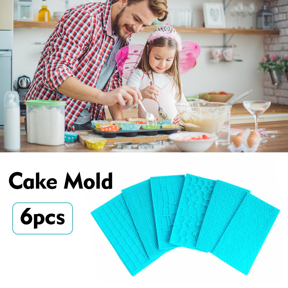 Fondant Impression Mat Set 6pcs Silicone Sugarcraft Wedding Cake Decor Tools Sugar Paste Baking Mould Tree Bark Brick Wall Flower Cobblestone Stone W