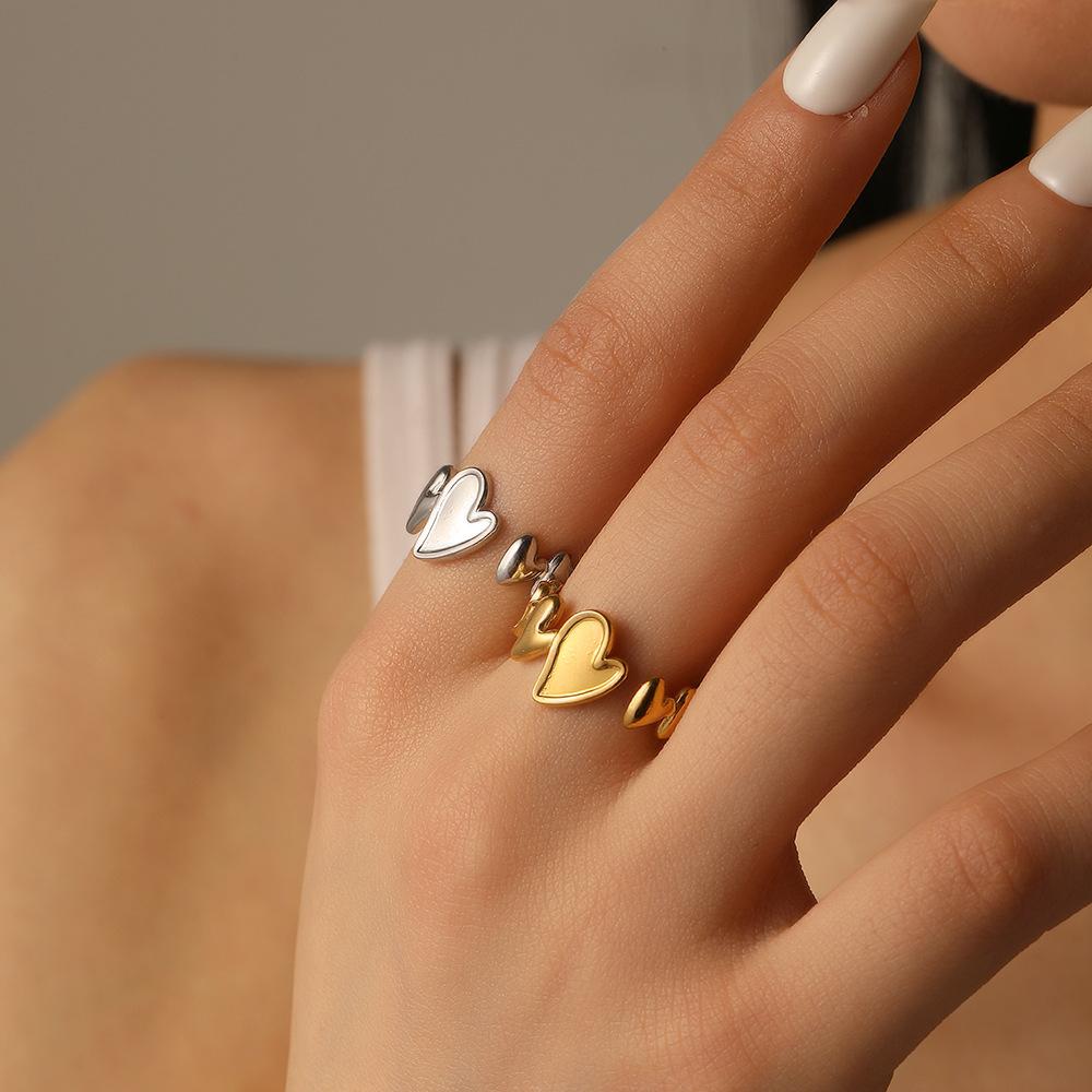 Heart‑Connect‑Heart Open Stainless‑Steel Ring, Cold‑Tone Versatile High‑End Women Ring