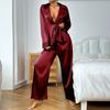 Women's Spring Ice Silk Sleepwear Lapel Neck Pajama Set Long Sleeve Buttons Top with Pants Loungewear Nightgown Nightwear Nighty