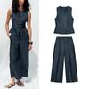 Linen Blend Double Placket Round Neck Sleeveless Vest 3191052 High Waist Wide Leg Casual Trousers 3191051