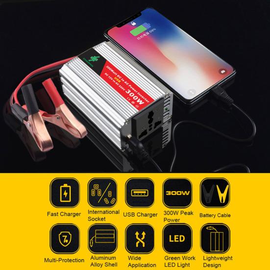 Инвертор синусоидальной волны, быстрая зарядка, алюминиевый сплав постоянного тока 12 В в переменный ток 220 В, автомобильный преобразователь для авто