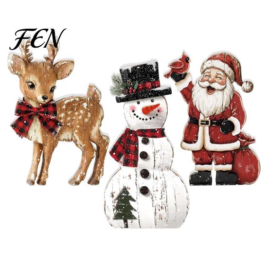 Indoor Christmas Table Centerpieces Wooden Tabletop Decor, Rustic Reindeer Animal Figurines, Farmhouse Style Plaid Fabric Bow Holiday Displays Tiered