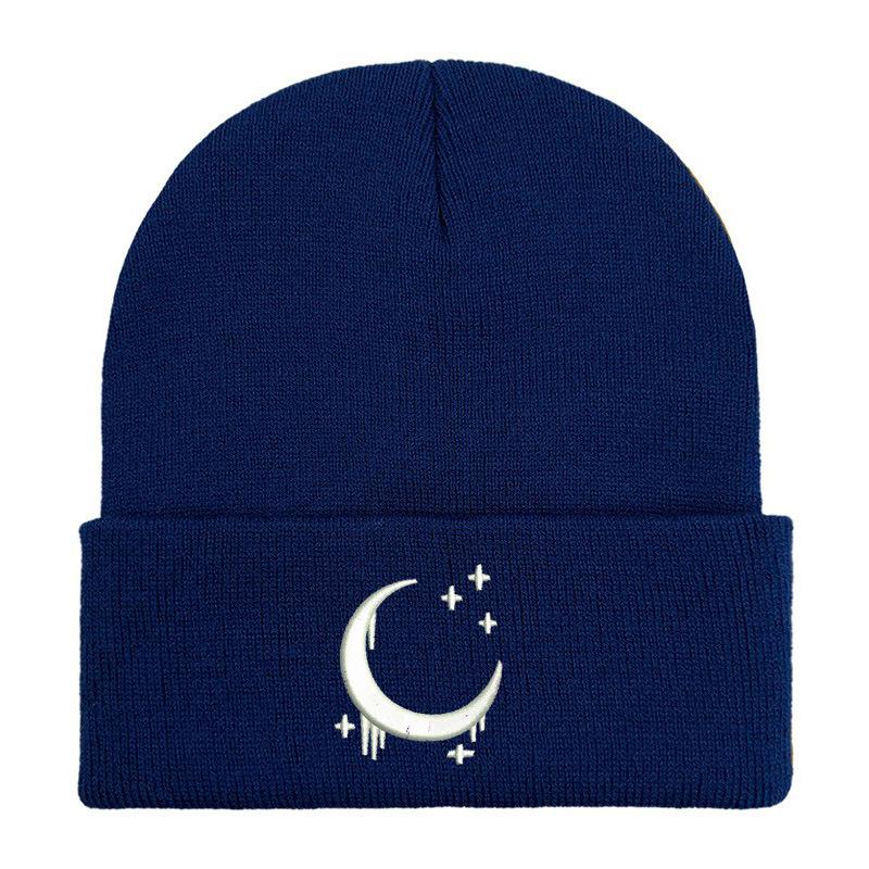 Moon star embroidered flower knitted hat autumn and winter wool hat outdoor cycling pullover hat