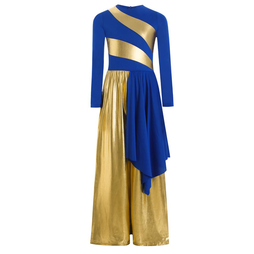 Girls Praise Dance Bodysuit Metallic Color Block Design Patchwork Irregular Drape Wide Leg Jumpsuit