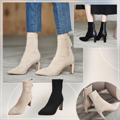 Женские ботинки Сапоги с острым носком Эластичные ботинки с молнией сзади Замшевые ботинки на высоком каблуке