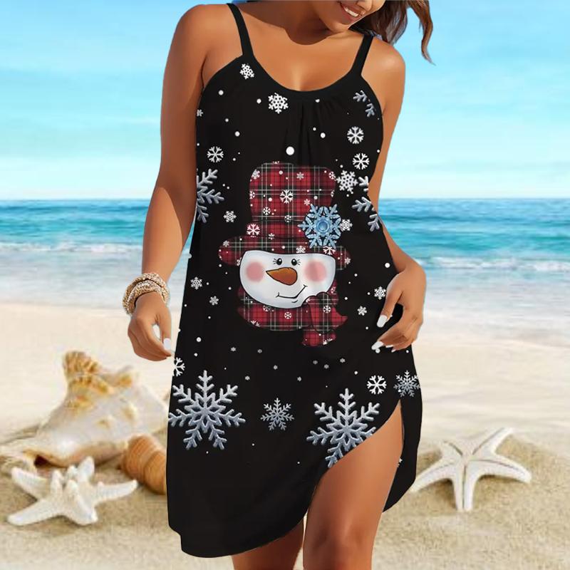 Пляжная одежда Мини-платье с принтом Рождественский стиль Свободная юбка Повседневное современное платье без рукавов Свободный крой Повседневное летнее платье для улицы