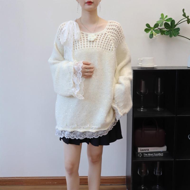 Autumn and Winter New Hollow Splicing Lace Sequined Knitted Sweater Top Loose Medium and Long Sweater Pullover Women