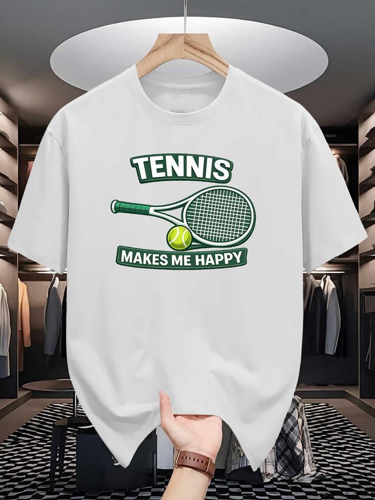 Mens Crew Neck T Shirt Tennis Racket Ball Letter Graphic Short Sleeve Casual Cotton Sports Daily Summer Streetwear Tees