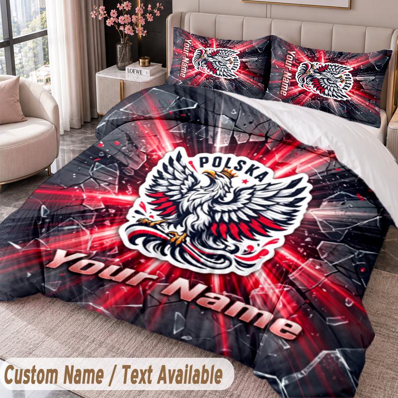 Poland Football Printed Bedding Set Custom Name Text 1 Duvet Cover 2 Pillowcases For Bedroom