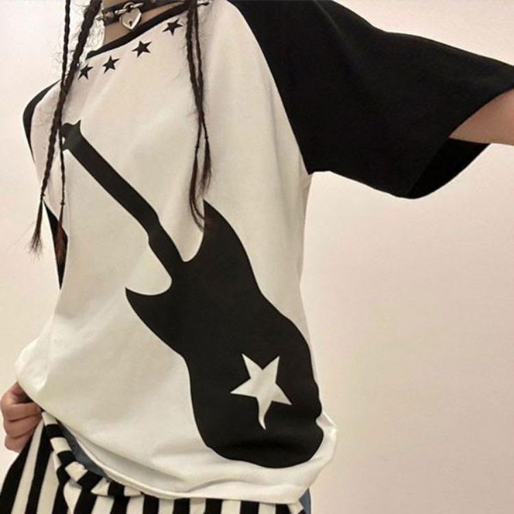 Лоскутная футболка с принтом Harajuku, женская гранж-футболка, корейская мода, свободные топы в стиле гранж с круглым вырезом, с коротким рукавом, гранж, эстетическая футболка Y2k