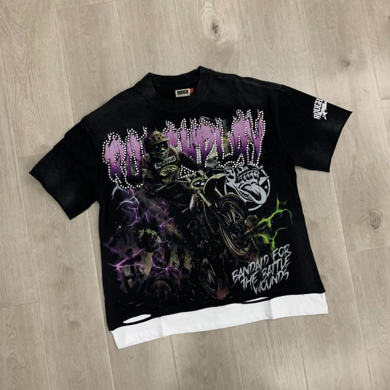 Mens Distressed Cotton Tee With Embroidered Rhinestone Letter Print Loose Fit T-Shirt