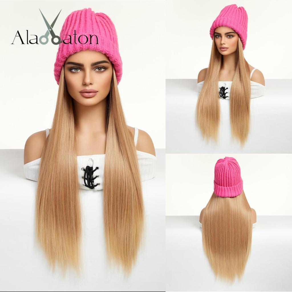 Blonde Unicorn Hat Wigs Cap with Hair Ombre Brown Blonde Color Connect Synthetic Hair Extensions Women Daily Party High Temperature